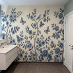 papier peint floral bleu branches fleuries oiseaux papillons motifs botaniques f-8