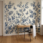papier peint floral bleu branches fleuries oiseaux papillons motifs botaniques f-9