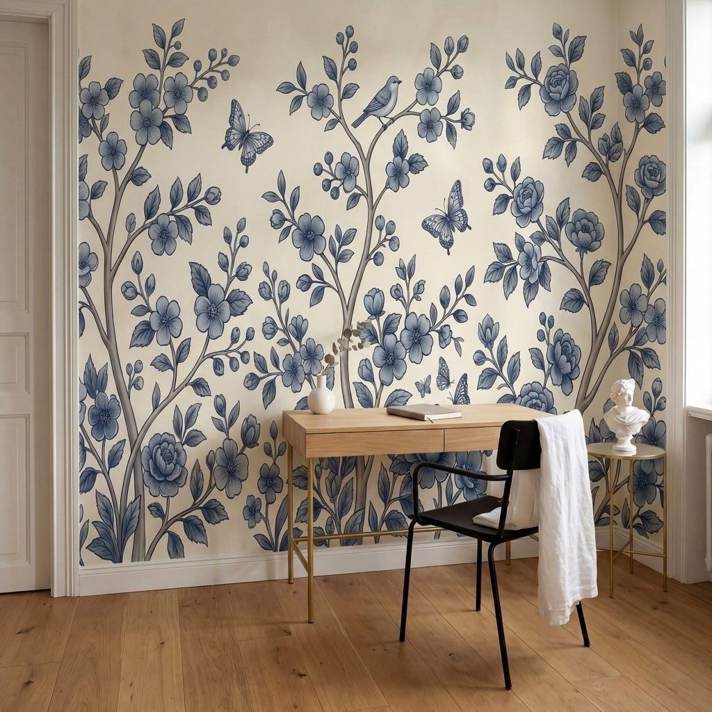 papier peint floral bleu branches fleuries oiseaux papillons motifs botaniques f-9