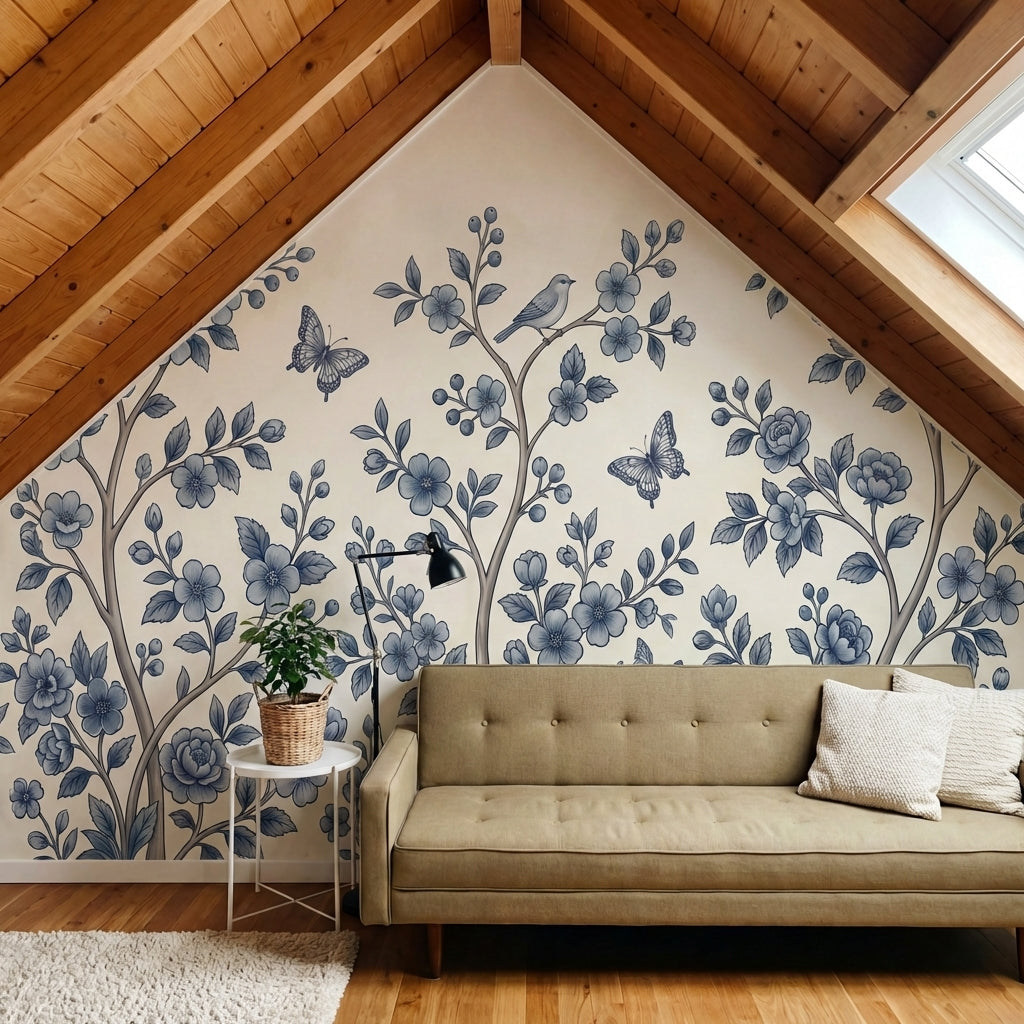 papier peint floral bleu branches fleuries oiseaux papillons motifs botaniques f-VARIANTE-10