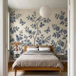 papier peint floral bleu branches fleuries oiseaux papillons motifs botaniques f-VARIANTE-11