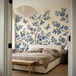 papier peint floral bleu branches fleuries oiseaux papillons motifs botaniques f-VARIANTE-6