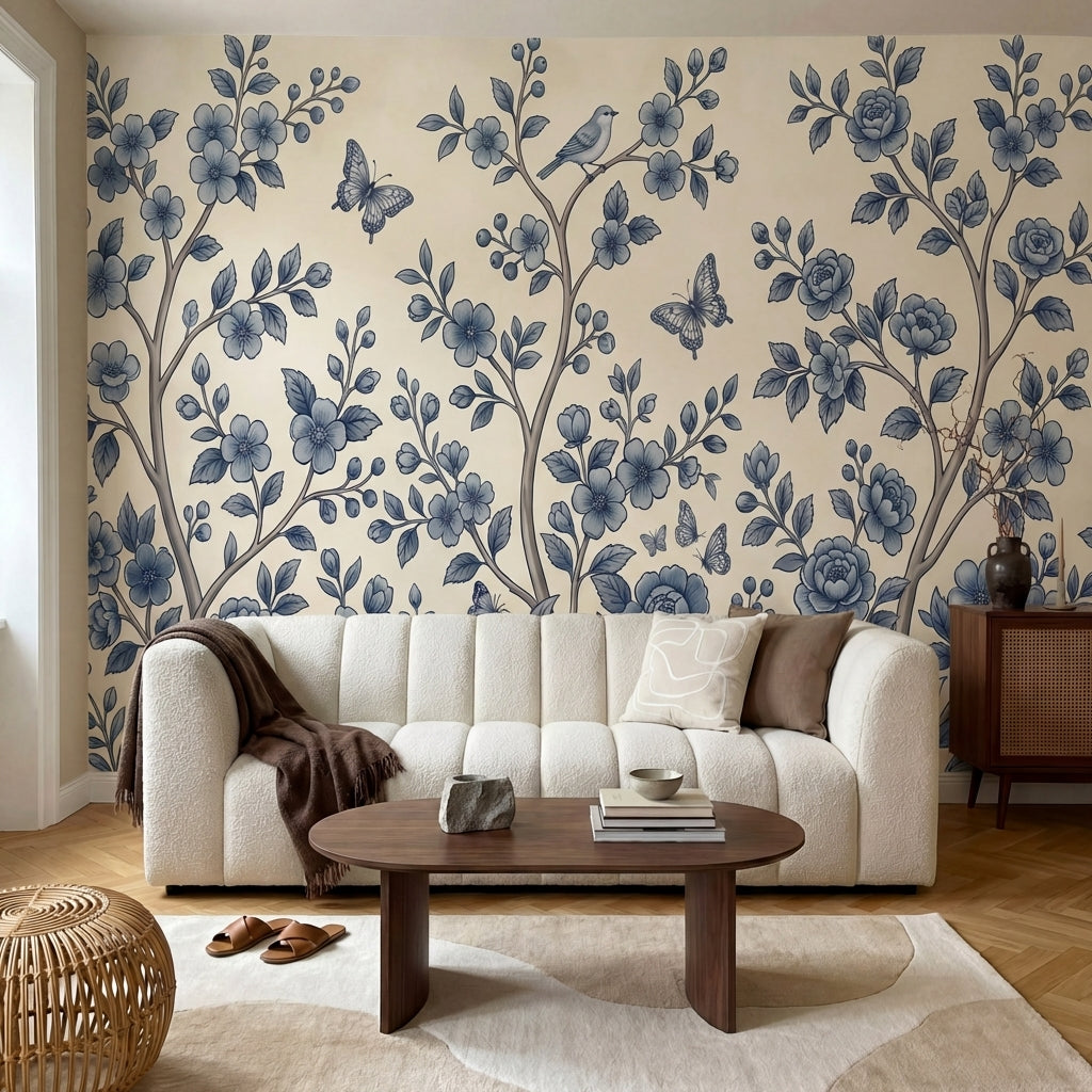 papier peint floral bleu branches fleuries oiseaux papillons motifs botaniques f-VARIANTE-8