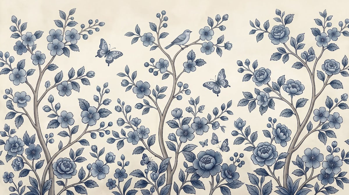 Papier peint panoramique oiseaux - Branches fleuries oiseaux papillons motifs botaniques fond beige crème sur mesure - Design