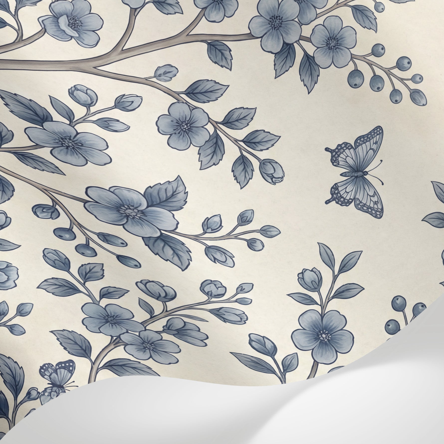 Papier peint panoramique oiseaux - Branches fleuries oiseaux papillons motifs botaniques fond beige crème sur mesure - Matière