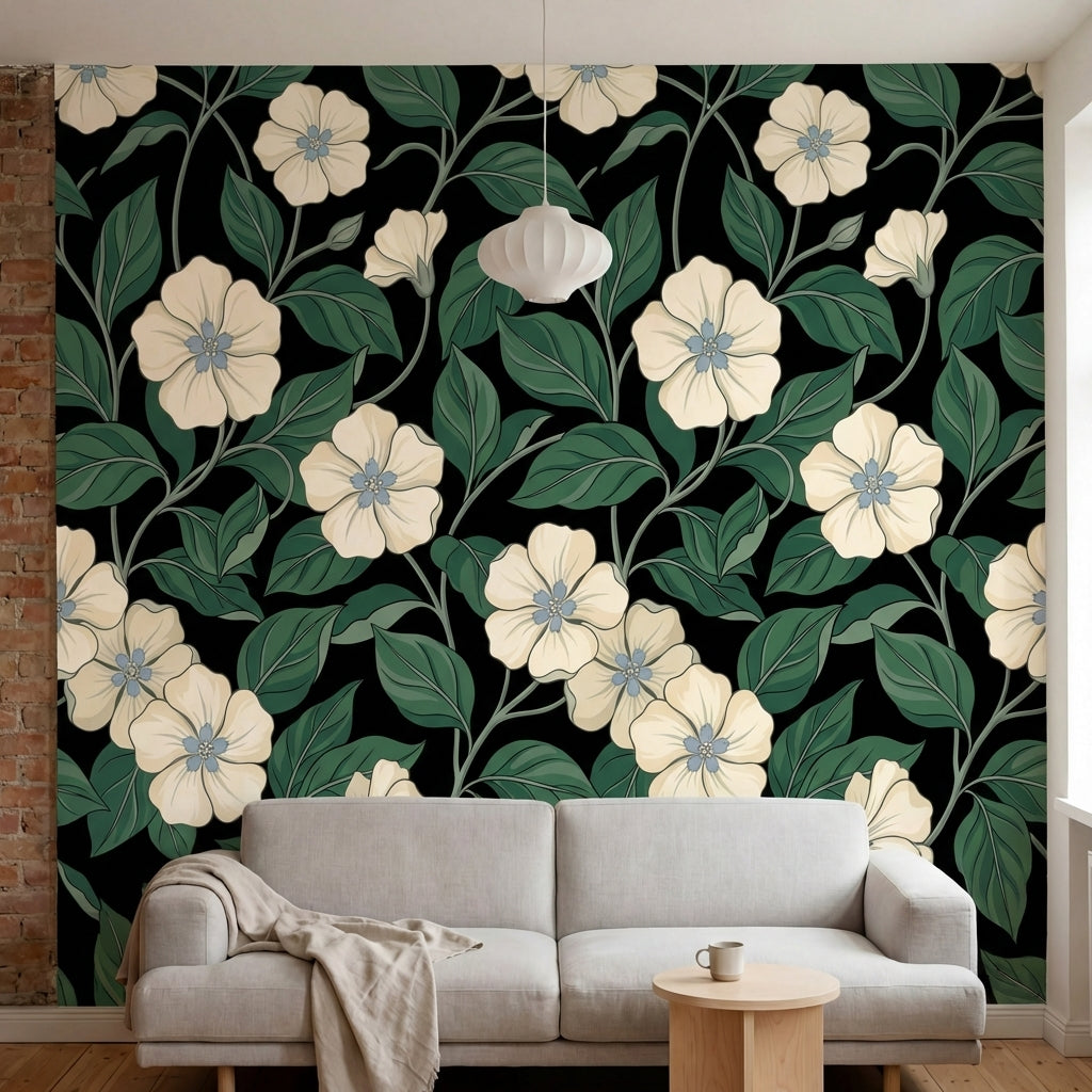 papier peint floral fleurs creme cinq petales feuillage vert sauge fond noir pro-2
