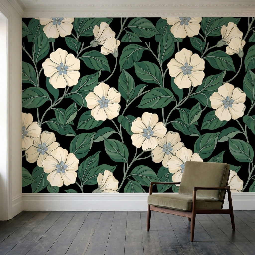 papier peint floral fleurs creme cinq petales feuillage vert sauge fond noir pro-4