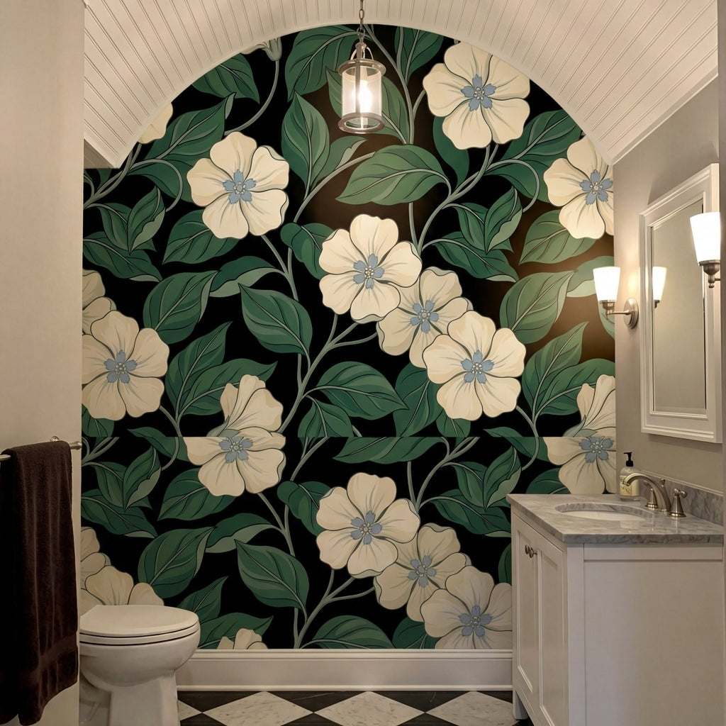 papier peint floral fleurs creme cinq petales feuillage vert sauge fond noir pro-VARIANTE-10