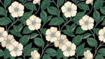 Papier peint panoramique floral - Fleurs crème cinq pétales feuillage vert sauge fond noir profond sur mesure - Design