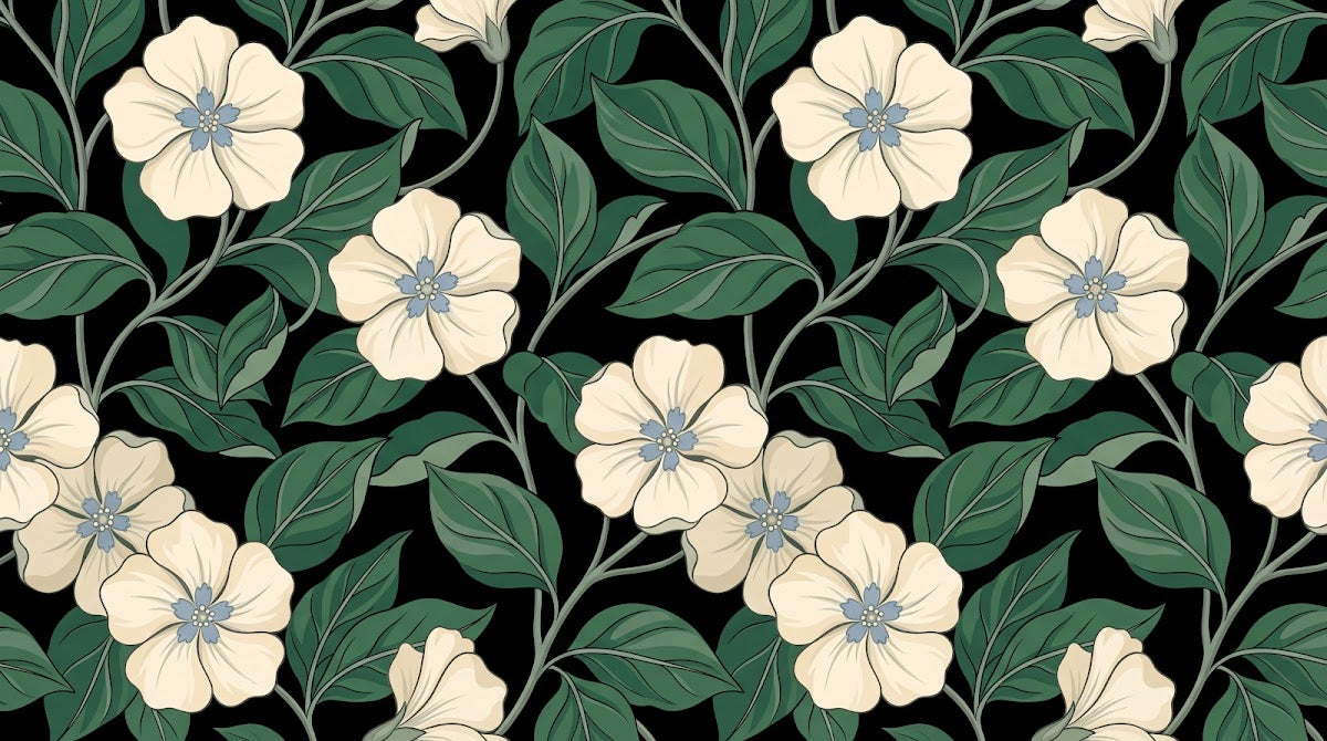 Papier peint panoramique floral - Fleurs crème cinq pétales feuillage vert sauge fond noir profond sur mesure - Design
