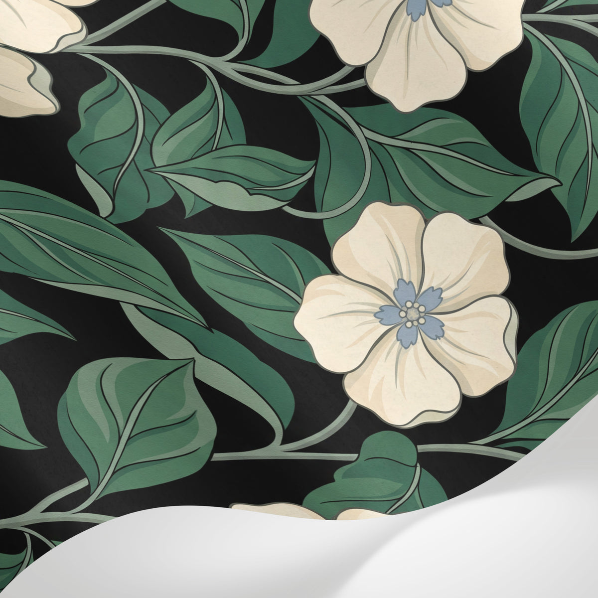 Papier peint panoramique floral - Fleurs crème cinq pétales feuillage vert sauge fond noir profond sur mesure - Matière