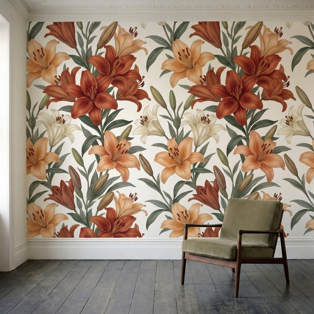 papier peint floral lys epanouis petales delicats tons terracotta beige et blanc-2