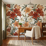 papier peint floral lys epanouis petales delicats tons terracotta beige et blanc-VARIANTE-6