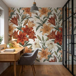 papier peint floral lys epanouis petales delicats tons terracotta beige et blanc-VARIANTE-9