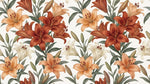 Papier peint panoramique floral - Lys épanouis pétales délicats tons terracotta beige et blanc crème sur mesure - Design