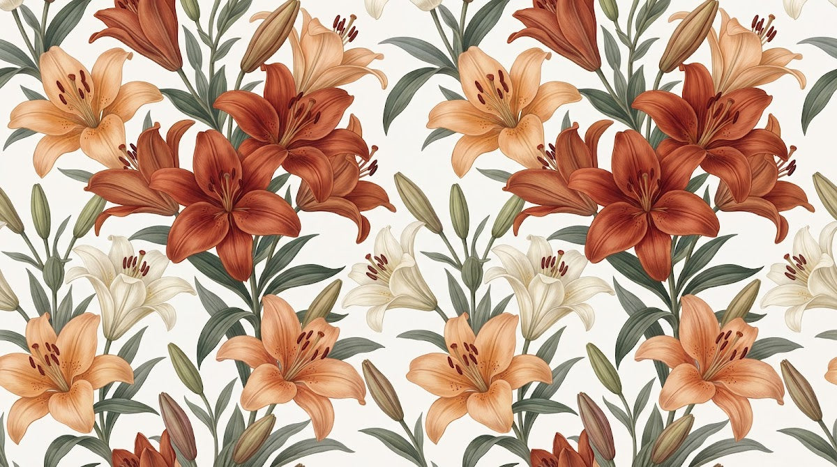 Papier peint panoramique floral - Lys épanouis pétales délicats tons terracotta beige et blanc crème sur mesure - Design