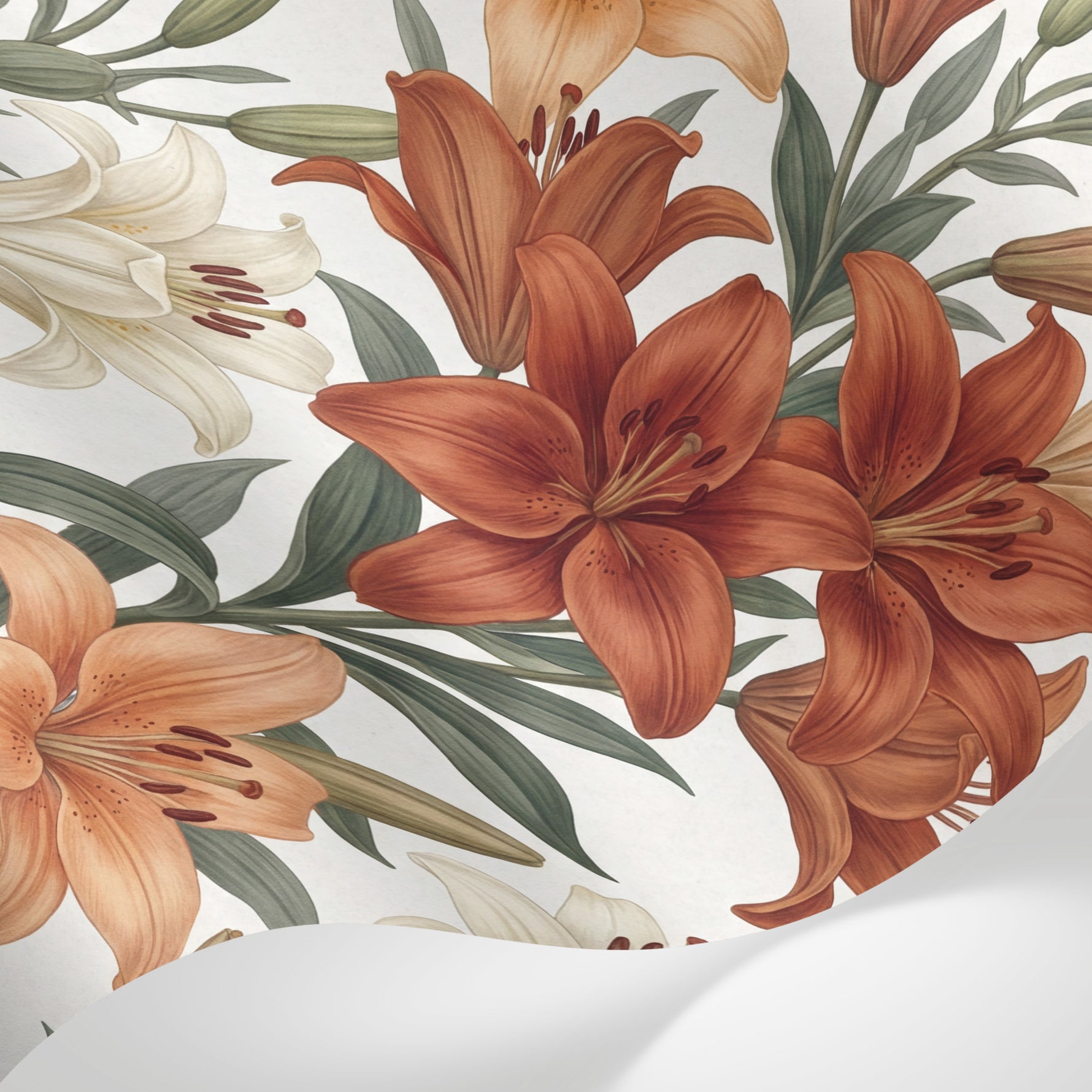 Papier peint panoramique floral - Lys épanouis pétales délicats tons terracotta beige et blanc crème sur mesure - Matière