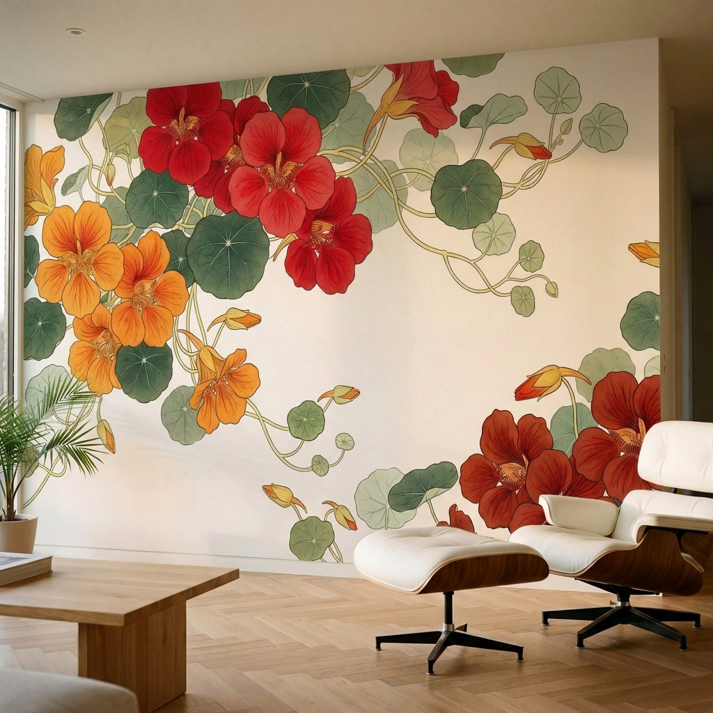 papier peint floral moderne capucines rouges oranges feuillage rond fond beige c-1