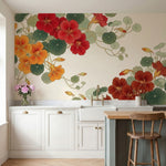 papier peint floral moderne capucines rouges oranges feuillage rond fond beige c-3