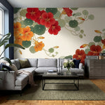 papier peint floral moderne capucines rouges oranges feuillage rond fond beige c-8