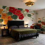 papier peint floral moderne capucines rouges oranges feuillage rond fond beige c-9