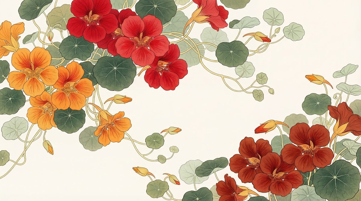 Papier peint panoramique floral - Capucines rouges oranges feuillage rond fond beige crème sur mesure - Design