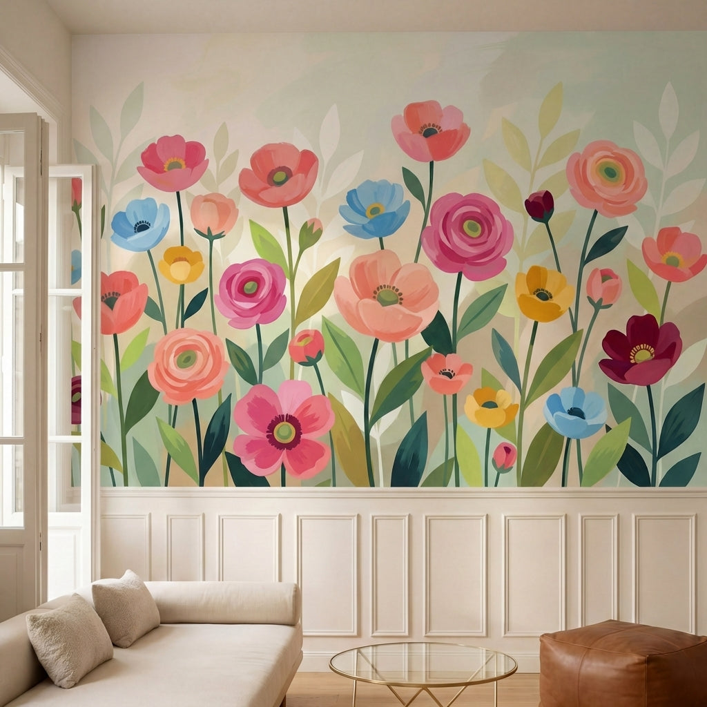 papier peint floral moderne coquelicots roses ranunculus marguerites multicolore-1