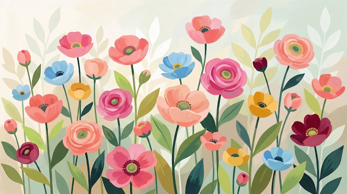 Papier peint panoramique floral - Coquelicots roses ranunculus marguerites multicolores fond beige crème sur mesure - Design