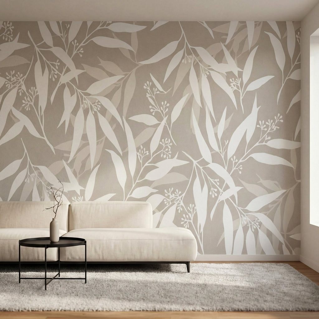 papier peint floral moderne feuilles stylisees branches delicates tons beige cre-4