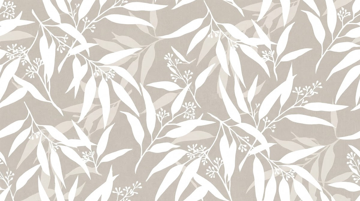 Papier peint panoramique feuillage - Feuilles stylisées branches délicates tons beige crème et blanc nacré sur mesure - Design