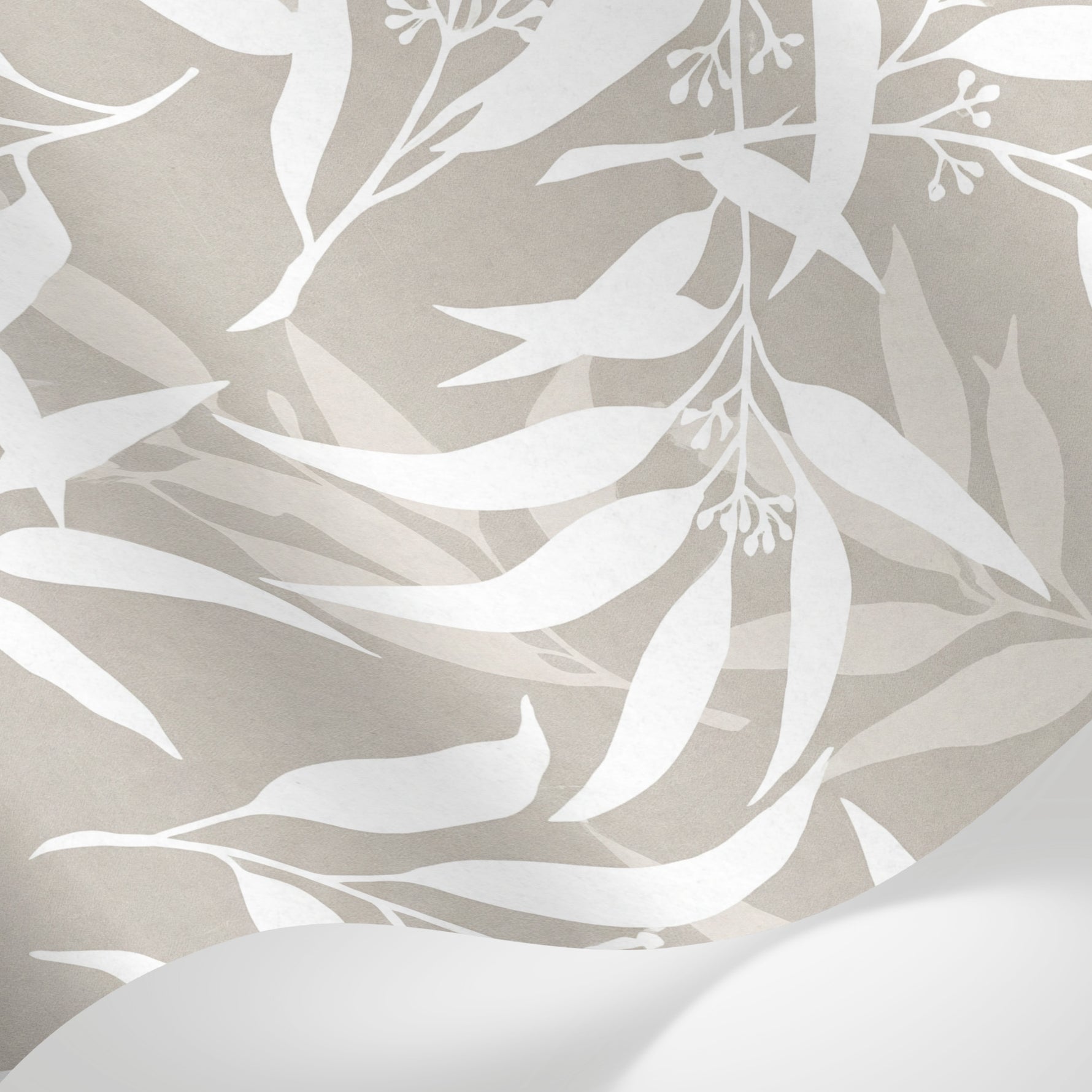 Papier peint panoramique feuillage - Feuilles stylisées branches délicates tons beige crème et blanc nacré sur mesure - Matière
