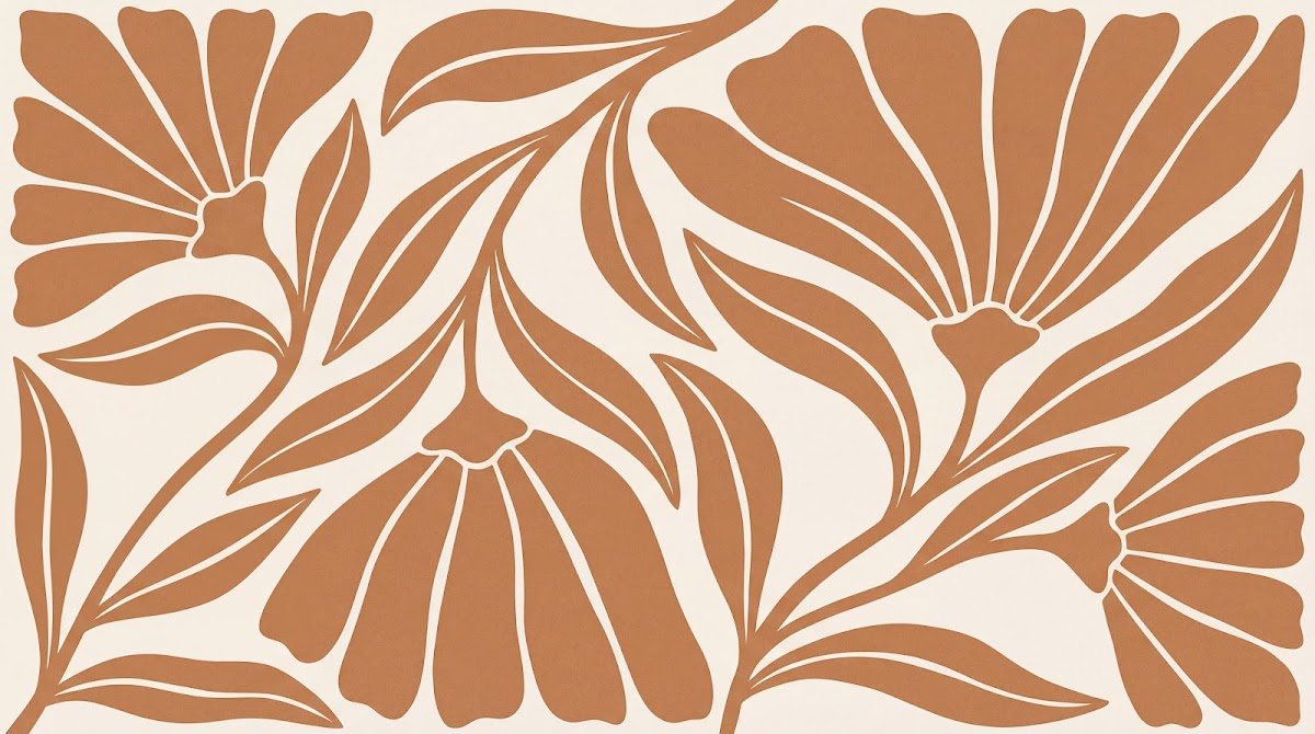 Papier peint panoramique floral - Fleurs radiantes stylisées pétales géométriques tons terracotta brun et beige sur mesure - Design