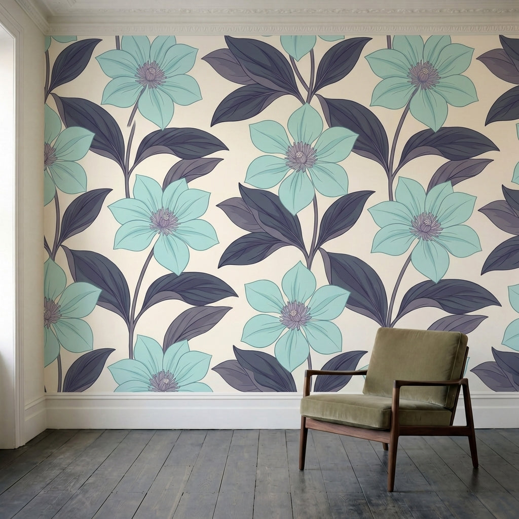papier peint floral moderne grandes fleurs turquoise feuillage violet prune fond-1