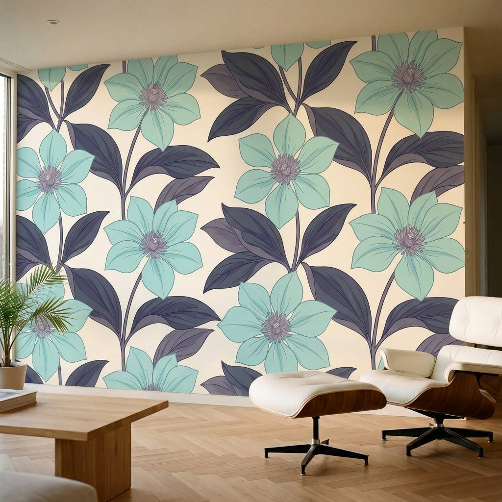 papier peint floral moderne grandes fleurs turquoise feuillage violet prune fond-3