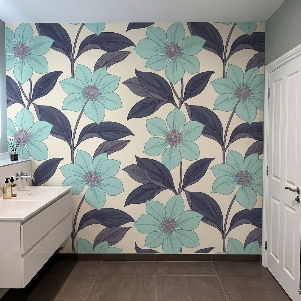 papier peint floral moderne grandes fleurs turquoise feuillage violet prune fond-6