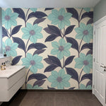 papier peint floral moderne grandes fleurs turquoise feuillage violet prune fond-6