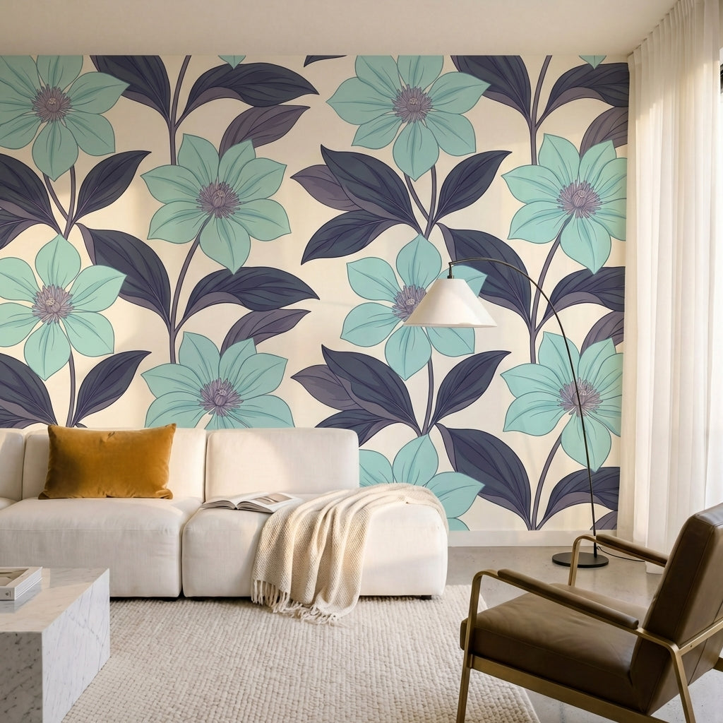papier peint floral moderne grandes fleurs turquoise feuillage violet prune fond-7