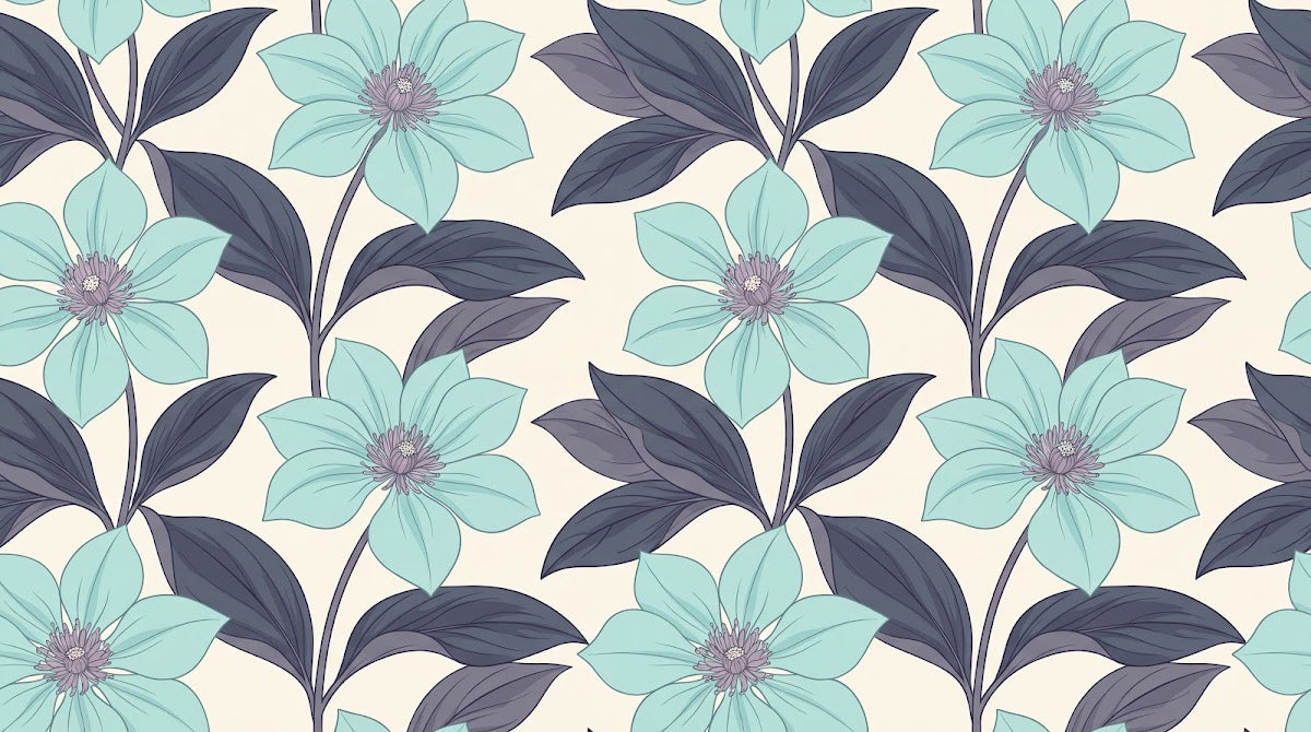 Papier peint panoramique floral - Grandes fleurs turquoise feuillage violet prune fond beige crème sur mesure - Design