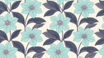 Papier peint panoramique floral - Grandes fleurs turquoise feuillage violet prune fond beige crème sur mesure - Design