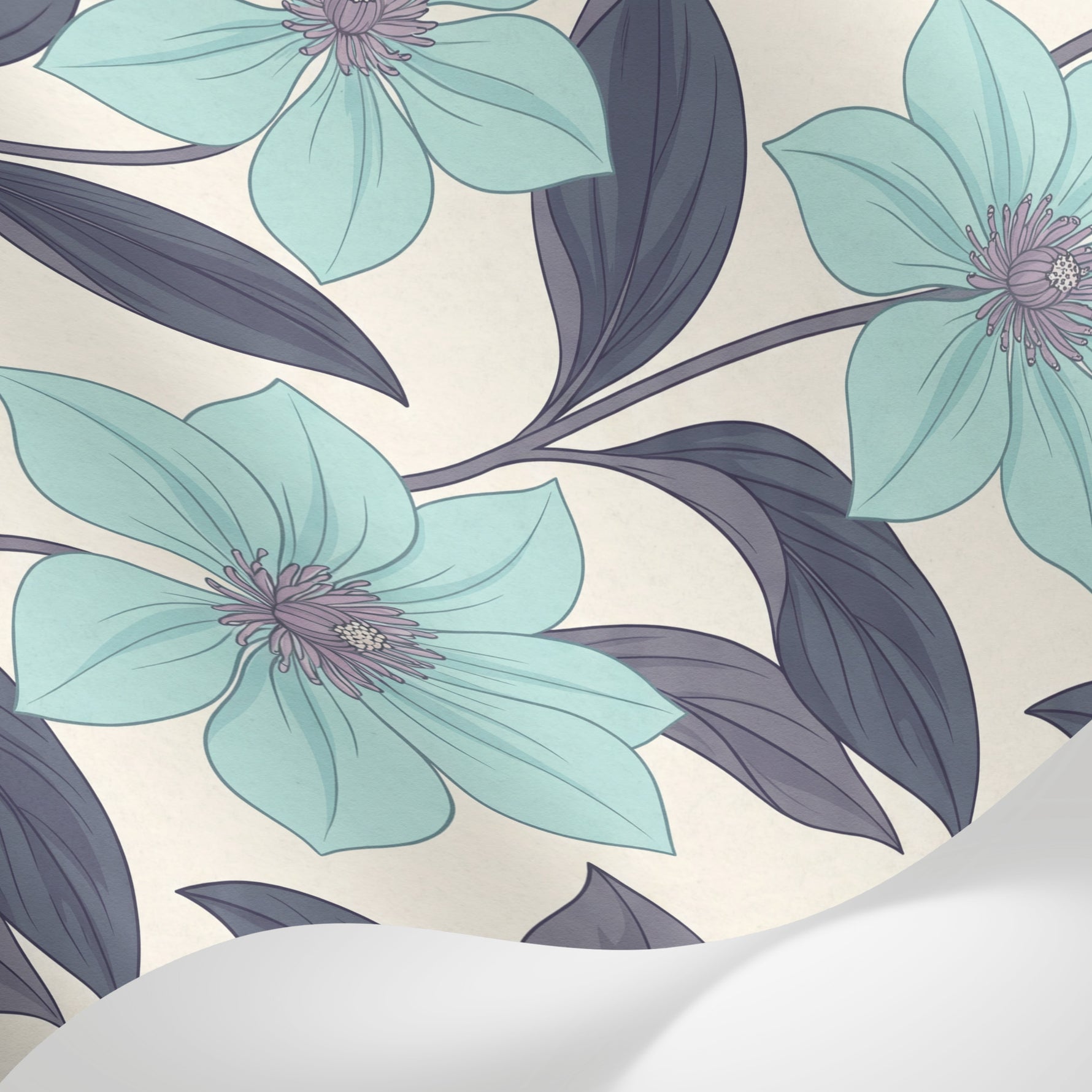 Papier peint panoramique floral - Grandes fleurs turquoise feuillage violet prune fond beige crème sur mesure - Matière