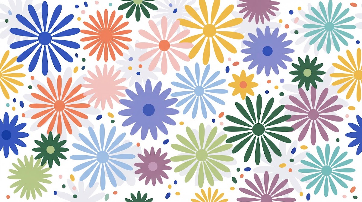 Papier peint panoramique fleurs - Marguerites stylisées multicolores tons bleu orange vert et jaune fond blanc sur mesure - Design