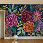papier peint floral moderne roses pivoines marguerites feuillage automnal fond b-2