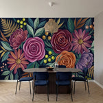 papier peint floral moderne roses pivoines marguerites feuillage automnal fond b-9