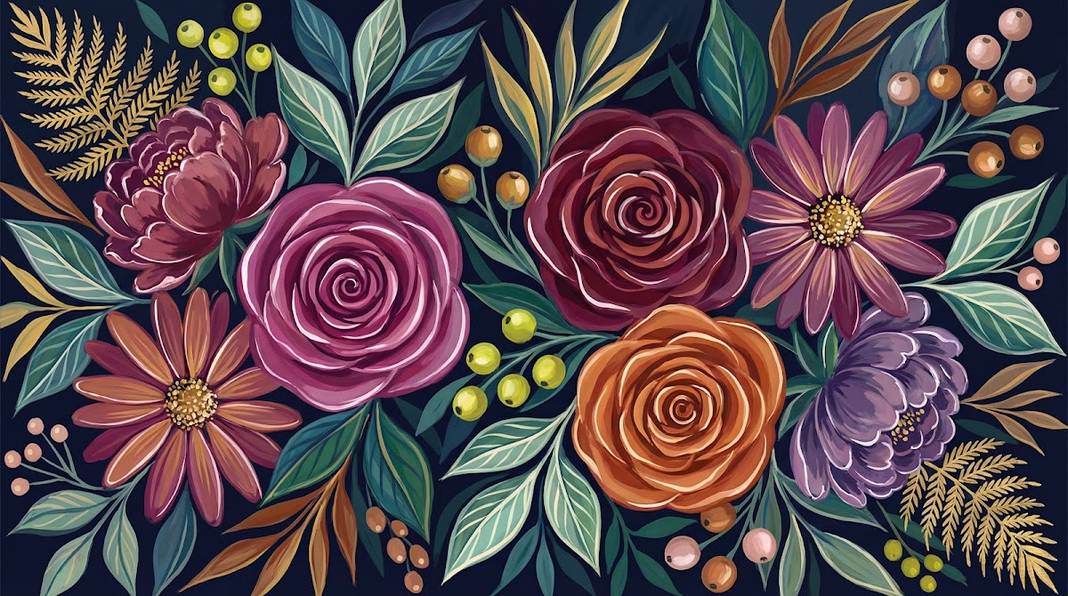 Papier peint panoramique floral - Roses pivoines marguerites feuillage automnal fond bleu nuit profond sur mesure - Design