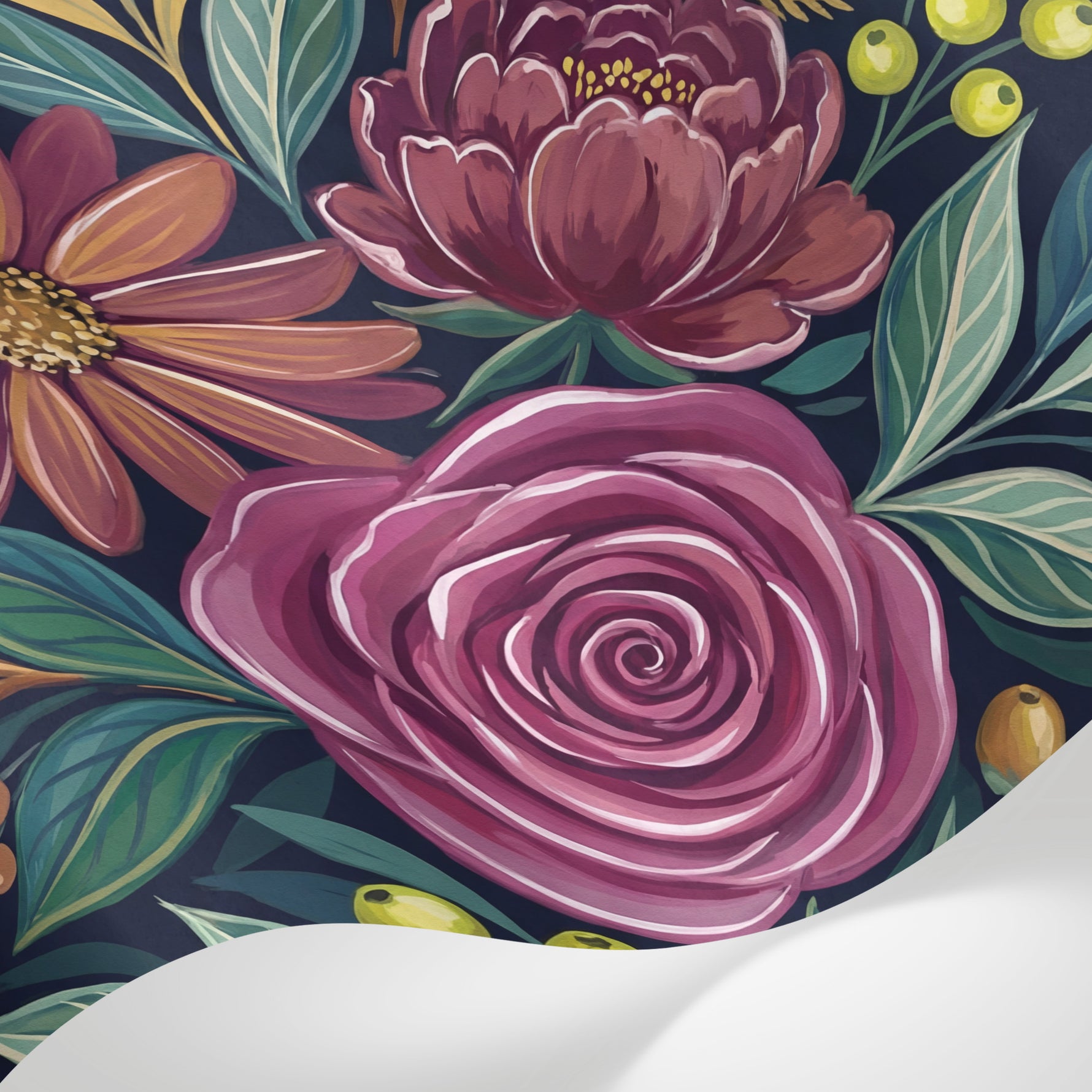 Papier peint panoramique floral - Roses pivoines marguerites feuillage automnal fond bleu nuit profond sur mesure - Matière