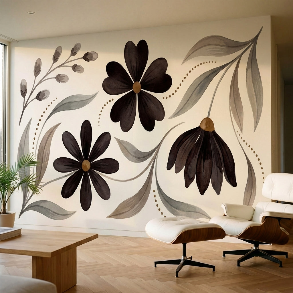 papier peint floral noir et blanc fleurs stylisees six petales feuillage gris ta-3