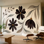 papier peint floral noir et blanc fleurs stylisees six petales feuillage gris ta-3