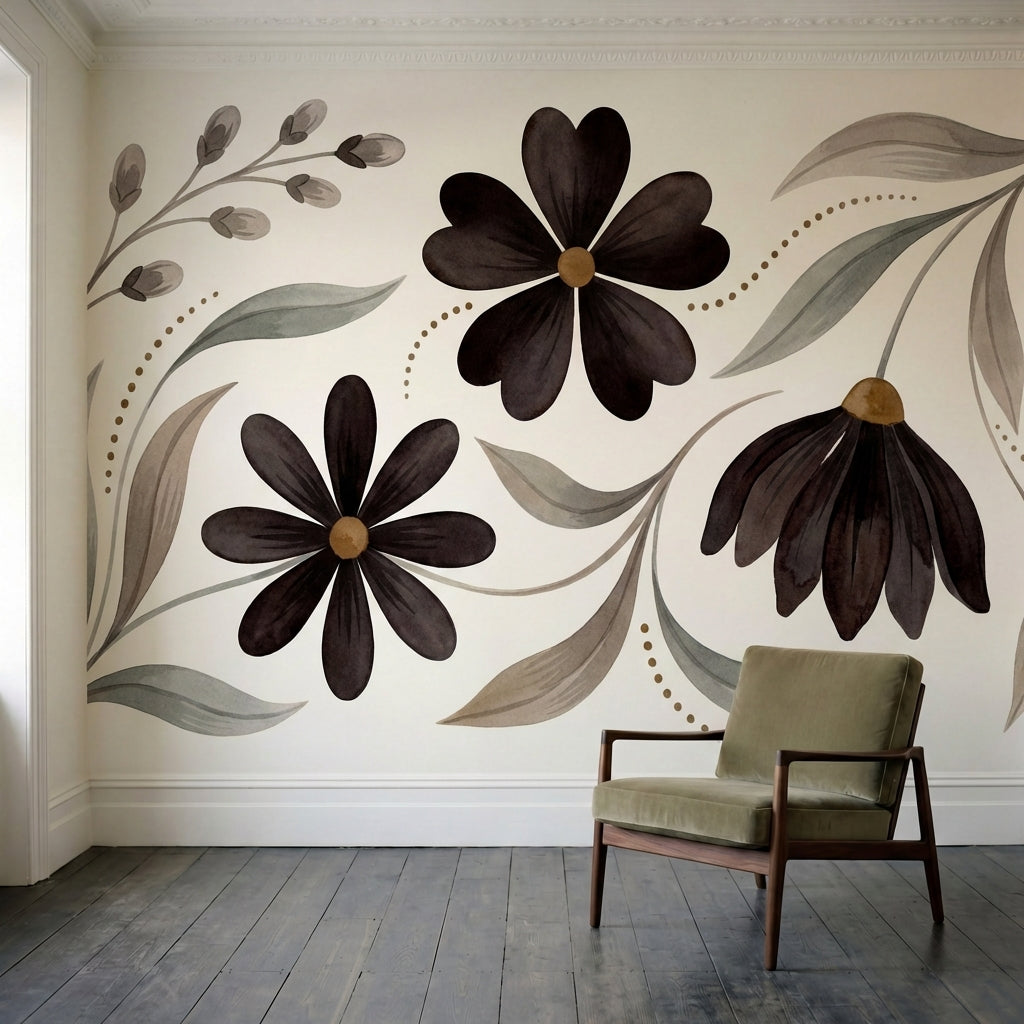 papier peint floral noir et blanc fleurs stylisees six petales feuillage gris ta-4