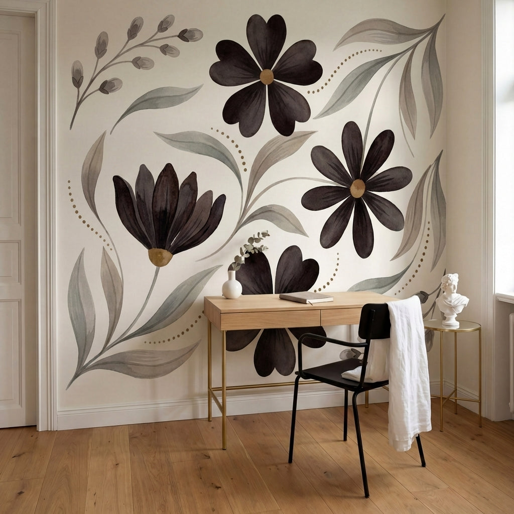 papier peint floral noir et blanc fleurs stylisees six petales feuillage gris ta-VARIANTE-8