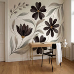 papier peint floral noir et blanc fleurs stylisees six petales feuillage gris ta-VARIANTE-8